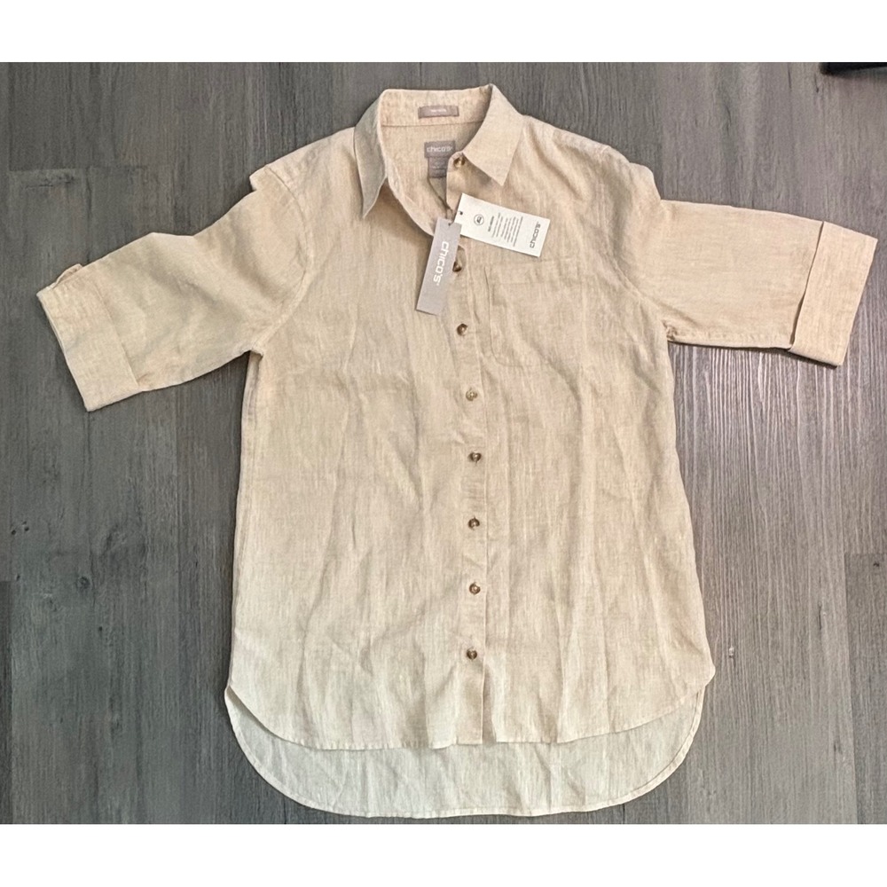 Chico's Linen Tunic Women 0/2P Sand No Iron Shirttail Button Down Woven Top